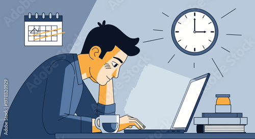 Illustration of a stressed man sitting at a desk with a laptop, books, and coffee, looking at a clock and calendar on the wall.
