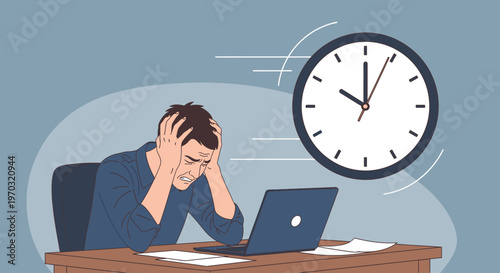 Illustration of a stressed man sitting at a desk with a laptop and papers, rubbing his temples with a clock looming overhead, conveying a sense of urgency and frustration in a modern office