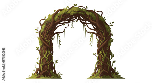 A wide arching gateway made of thick intertwined tree trunks and branches is heavily draped with dense green foliage and hanging vines.
