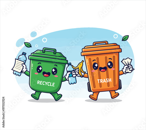 Cartoon recycle and trash cans holding recyclable and nonrecyclable materials outdoors
