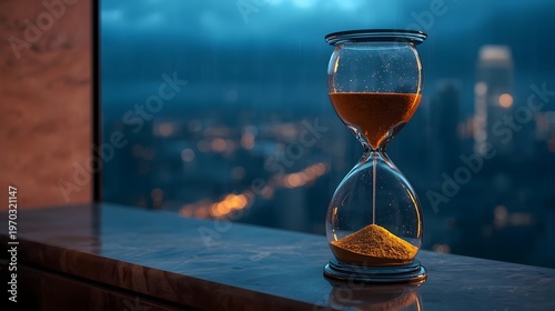 Time's Transient Beauty: An hourglass, perched on a windowsill, captures the fleeting nature of time against a backdrop of city lights.