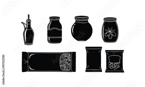 Assorted condiments and sauces in various packaging styles