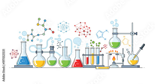 A complex illustration depicting a chemistry laboratory setup with interconnected glass flasks, beakers, test tubes, a Bunsen burner, and floating molecular structures.