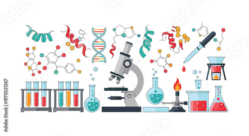 A detailed illustration of various chemistry and biology elements including DNA helices, molecular structures, test tubes, a microscope, and a Bunsen burner is arranged horizontally.
