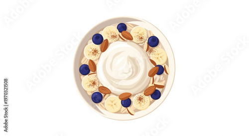 A white bowl holds creamy yogurt, sliced bananas, blueberries, and almonds arranged decoratively on an oatmeal base.