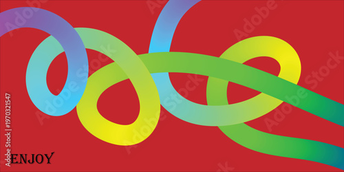 An abstract, colorful, fluid ribbon design with the word ENJOY on a vibrant red background, perfect for creative projects