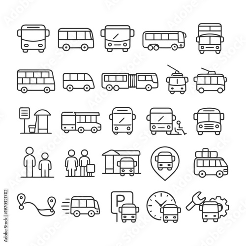 Collection of bus and public transportation line icons.