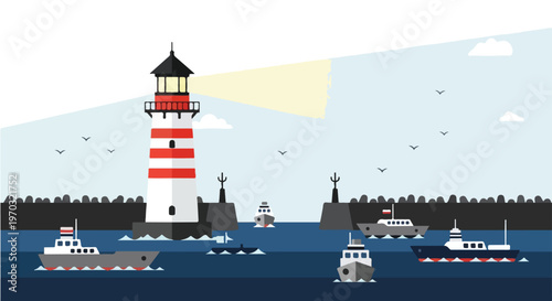 A clean flat vector illustration of a lighthouse near the harbor entrance assisting ship navigation, with minimal geometric elements, a maritime navigation theme, and a white background.