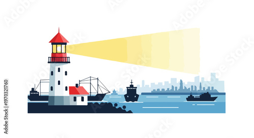 A minimal flat vector artwork depicting a harbor lighthouse guiding vessels at the port, using simple geometric shapes, a maritime navigation concept, and a white background.