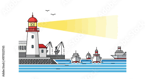 A flat vector image of a lighthouse by the port guiding incoming ships, featuring simple geometric shapes, a maritime navigation concept, and a white background.
