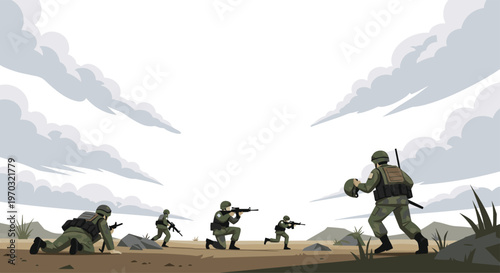 Six soldiers in green camouflage uniforms are positioned in a barren, rocky landscape under a cloudy sky.