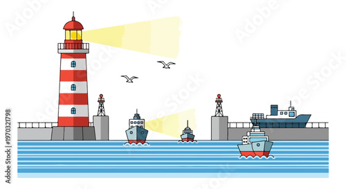 A flat-style vector image showing a lighthouse at the harbor entrance directing ships, designed with simple geometric forms, a maritime navigation theme, and a white background.