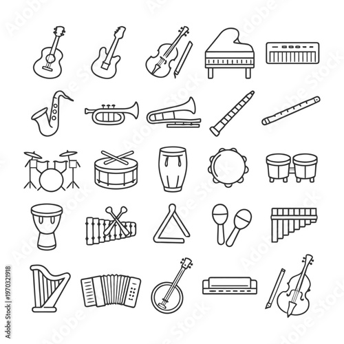 Outline icons of musical instruments in black and white.