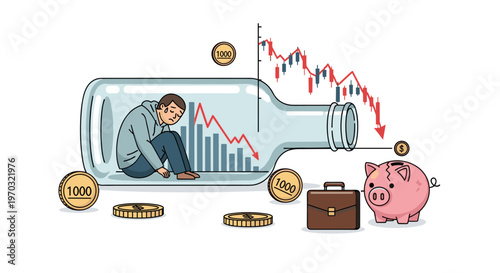 A man sits dejectedly inside a glass bottle with a downward stock market graph, coins, a briefcase, and a piggy bank outside.