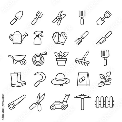Gardening tools line icons collection featuring equipment and accessories.