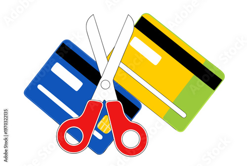 Scissors cutting a credit card, symbolizing debt reduction and financial freedom. Personal finance management and overcoming debt concept. Vector icon for app, banner