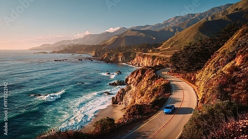 Blue car driving on scenic big sur pacific coast highway