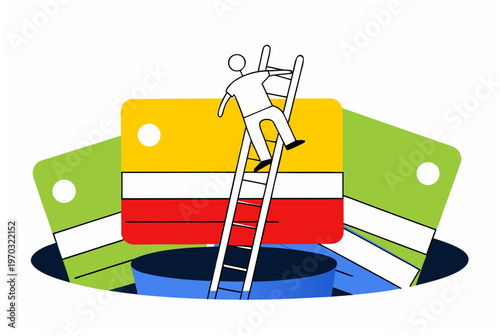 Man on ladder climbing out of hole with multiple credit cards. Debt repayment and financial behavior concept. Flat vector illustration for personal finance