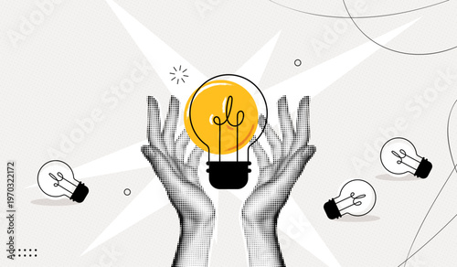 Trendy Halftone Collage Two Hands holds lightbulb. Creative mind, brainstorm or innovation. Problem solving or business solution. Think outside box. Contemporary vector illustration art
