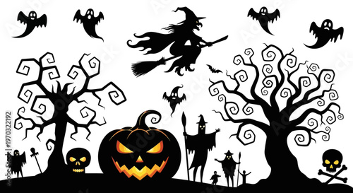 Halloween Silhouette Collection Spooky Elements Witch Pumpkin Ghosts Trees.