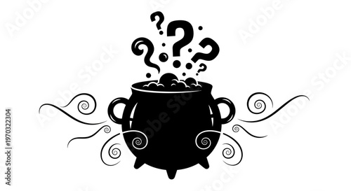Mysterious Black Cauldron with Question Marks Rising.