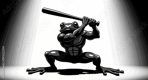 Muscular Frog Character Holding Baseball Bat Ready to Swing.