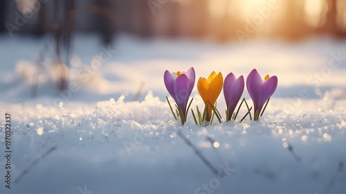 Emergence of Life in Winter: The delicate beauty of crocuses blooms amidst a blanket of snow, with sunlight warmly illuminating their vibrant colors and signaling the arrival of spring.