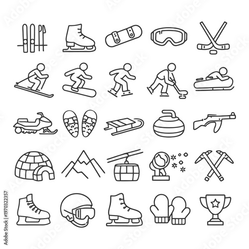 Winter sports outline icons: skiing, snowboarding, ice skating, curling, bobsleigh.