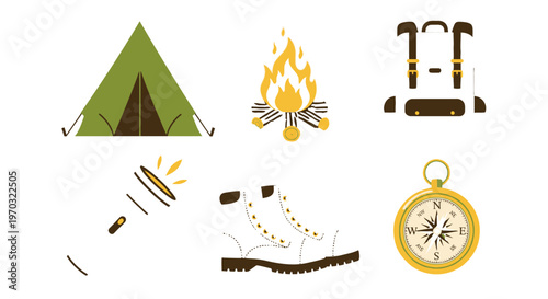 Camping equipment set illustration for outdoor adventures and activities