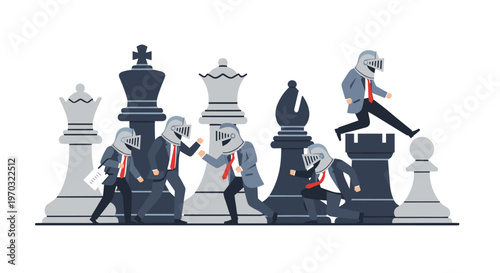 Six helmeted businessmen in suits are actively moving across an oversized chessboard with large pieces on a white background.