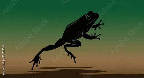 Silhouette of a black frog jumping in a stylized landscape.