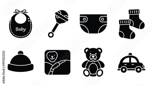 A collection of simple black silhouette icons depicting various baby items and childhood essentials like toys and clothing high quality professional