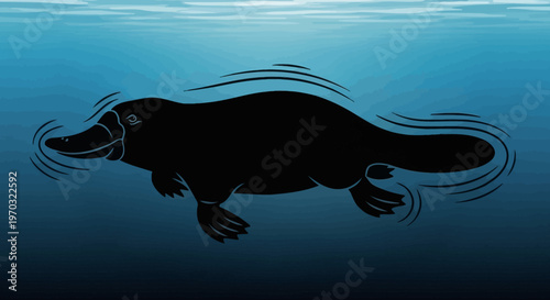 Silhouette of a platypus swimming underwater in dark blue water.