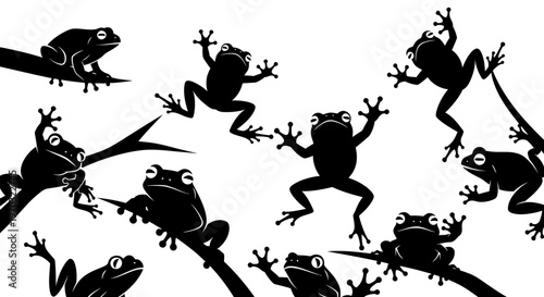 Silhouette of Frogs in Various Poses on Branches.