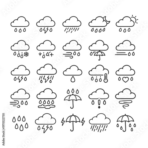 Weather icons: clouds, rain, thunder, and sun symbols.