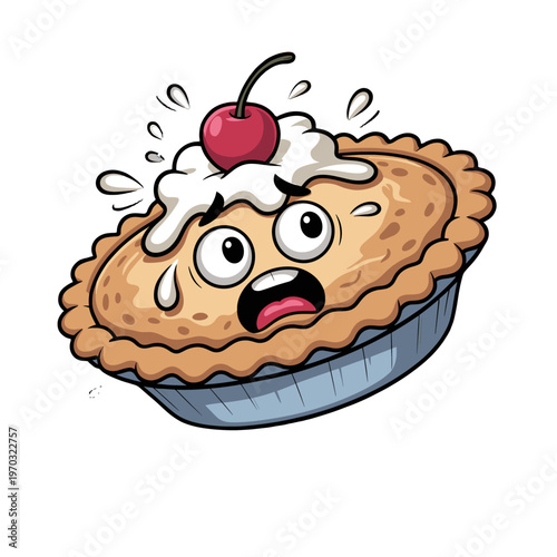 A cartoon pie with an expression of shock, adorned with whipped cream and a cherry.