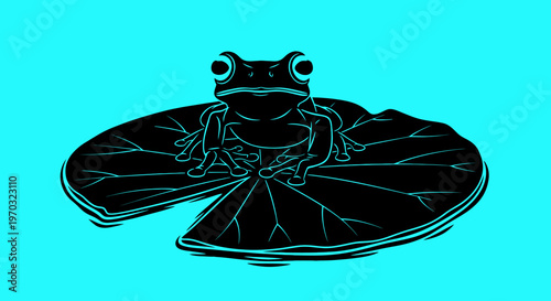 Stylized Frog Sitting on a Lily Pad with Cyan Background.