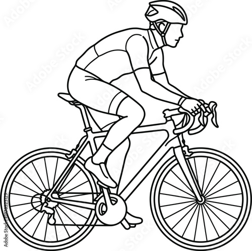 Modern minimalist line art illustration of a professional road cyclist in racing position on a bicycle for sports branding competitive cycling events and outdoor fitness lifestyle vector graphics