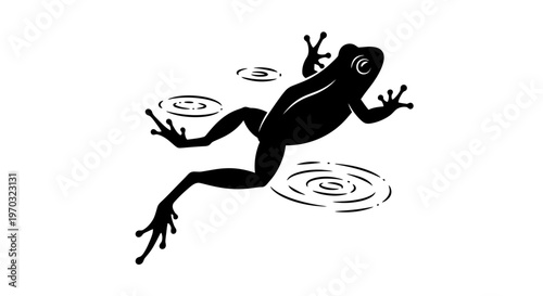 Silhouette of a frog jumping in water with ripples.