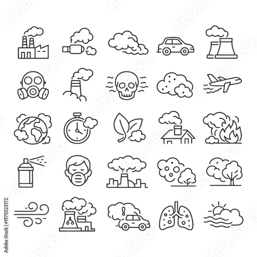 Environmental pollution icons: air quality, emissions, and climate change symbols.