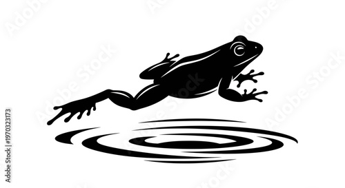 Silhouette of a frog jumping into water with ripples.