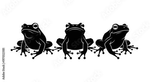 Three Black Frogs Silhouetted on a White Background.