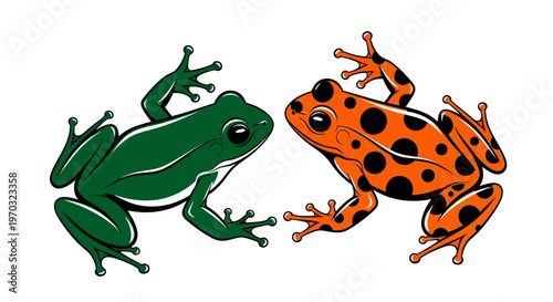 Two Frogs One Green One Orange With Black Spots Facing Each Other.