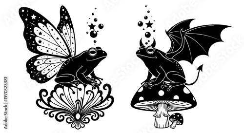 Whimsical Fantasy Frogs with Butterfly and Devil Wings on Mushrooms.