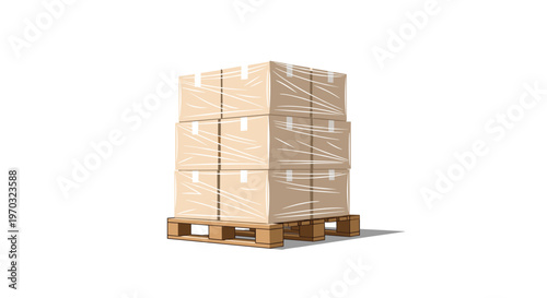 Three plastic-wrapped cardboard boxes are stacked on a wooden pallet against a white background.