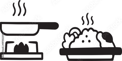 Steaming pan on stove next to steaming plate of food illustration with gas stove with ready to eat with food preparati