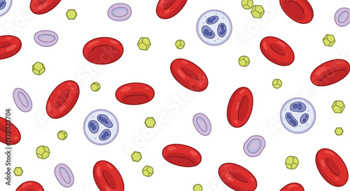 Red blood cells, white blood cells, and green platelets are scattered on a white background.