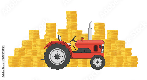 A red farm tractor stands in front of many stacks of gold coins on a white background.