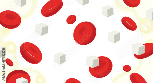 Red blood cells and white sugar cubes are scattered on a glowing white and yellow background.