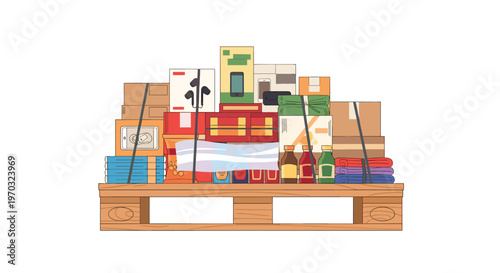 A wooden pallet is loaded with a diverse assortment of consumer goods on a white background.